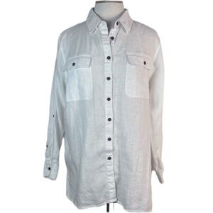 Lands End White Linen Button Down Shirt Womens XLP Tunic Relaxed Coastal Beach